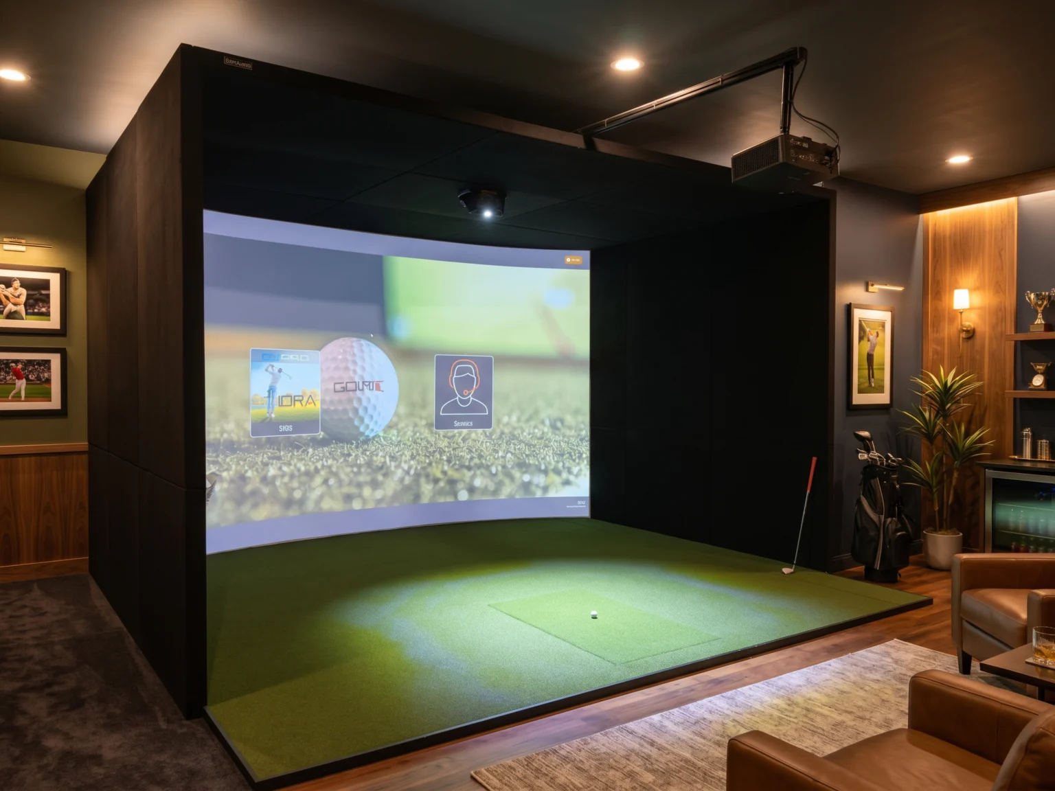 SimBooth 4 golf simulator enclosure in a Winnipeg home with curved impact screen, turf and overhead projector